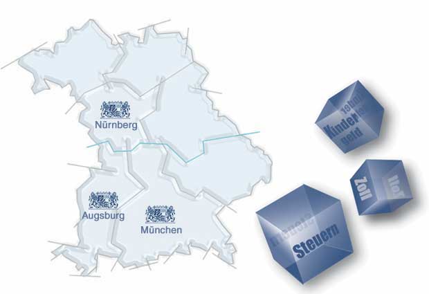 Landkarte Bayerns und Würfeln für die jeweiligen Rechtsgebiete